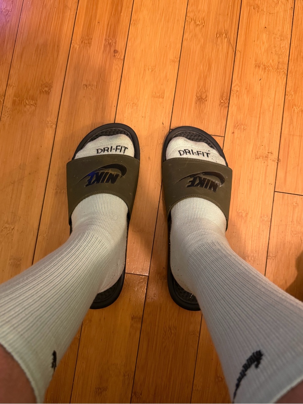 Nike White Dri-FIT Crew Athletic Socks and nike slides